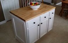 a bowl of fruit sitting on top of a wooden counter next to a white refrigerator