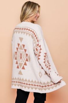 Soft On Trend Aztec Knitted Sweater Cardigan Length: 32" 90% Polyester, 10% Spandex Aztec Sweater Cardigan, Aztec Print Cardigan, Aztec Cardigan, Aztec Sweater, Light Cardigan, Boho Sweater, Cute Cardigans, Soft Cardigan, Patterned Cardigans