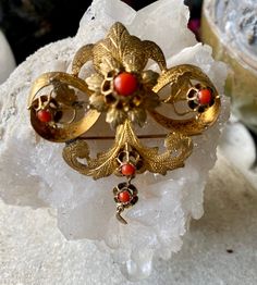 Beautiful Victorian Gold Gilt Red Coral Antique Brooch Antique Red Brooch Jewelry, Antique Red Brooch, Ornate Red Jewelry Brooch, Antique Red Brooch For Formal Occasions, Elegant Red Brooches Collectible, Vintage Red Wedding Brooches, Antique Red Wedding Brooch, Vintage Red Brooches For Formal Occasions, Antique Red Brooch As Gift