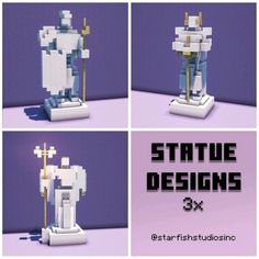 four different images of a statue made out of lego blocks with text stating,'state designs 3x '