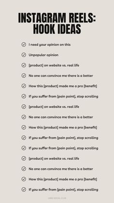 the instagramm reels hook ideas list is shown in black and white, with text