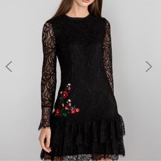 Desigual Boreal Dress New With Tags Black Lace Floral Formal Black Dress With Floral Embroidery, Black Long Sleeve Festive Dresses, Black Embroidered Long Sleeve Mini Dress, Formal Black Mini Dress With Floral Print, Black Embroidered Dress For Fall, Black Embroidered Dresses For Fall, Embroidered Black Dresses For Fall, Embroidered Black Dress For Fall, Black Dress For Fall Festival