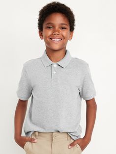 rib-knit collar two-button placket short sleeves slightly fitted hits below waistMachine wash cold, tumble dry low.  spandex 3% cotton 97% Casual Cotton School Polo Shirt, Gray Short Sleeve Sports Polo Shirt, Classic Gray Polo Collar T-shirt, Navy Polo Shirt With Contrast Collar, Short Sleeve, Gray Cotton Polo Collar T-shirt, School Uniform Kids, Navy Uniforms, Boys School Uniform, Pique Polo Shirt