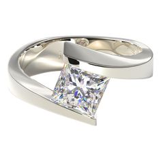 a white gold ring with a princess cut diamond