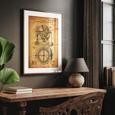 a wooden bench sitting next to a lamp on top of a table in front of a window