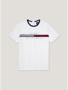 Tommy Hilfiger men’s tee. Our perfectly-fitted signature tee, washed to feel like you’ve been wearing it for years. Part of our Adaptive Collection, designed for ease of dressing in classic Tommy style.  Material: 100% Cotton. Classic Summer Tops With Signature Stripes, Classic Tops With Branding For Summer, Relaxed Fit T-shirt For Summer, Classic Summer Tops With Text Print, Classic Crew Neck T-shirt With Letter Print, White Short Sleeve Tops With Signature Stripes, Classic Crew Neck T-shirt With Text Print, Classic Crew Neck Top With Signature Stripes, Classic Tommy Hilfiger T-shirt For Summer