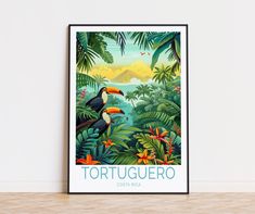 a poster with the words tortuquero on it in front of a white wall