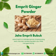 an advertisement with ginger powder on the side and green leaves around it, which reads empti ginger powder powder