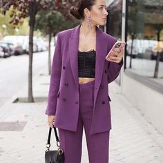 💰 Looking for a steal? 2 Pieces Purple Work Suit is now selling at $43.25 💰Free shipping inside the US. Blazer Outfits Women, Purple Work, White Stilettos, Purple Two Piece, Cut Blazer, Purple Blazer, Work Suits, Top Pants Set, Basic Long Sleeve