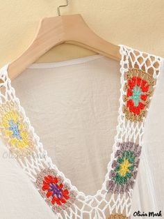 Olivia Mark - Floral Crochet V Neck Cover Up Dress, Boho Style Semi Sheer White Beach Tunics, Women's Swimwear & Clothing Summer Beach Cover-up Top With Crochet Trim, Spring Beach Cover-up With Crochet Trim, Bohemian V-neck Cover-up With Crochet Trim, Beachy Sleeveless Cover-up With Crochet Trim, Multicolor Embroidered Beach Cover-up Dress, Beach Tunic, Floral Crochet, Swimwear Outfit, Cover Up Dress