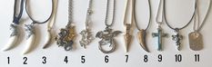 "You will have your choice of which necklace you want. There are stainless steel dragon necklaces, alloy with resin wolf head(approx. 2 1/4\")2 different head choices, colorful dragon(approx. 2 1/2\")stainless wolf tooth shaped(approx. 1 1/2\"), silver/black cross(approx. 1 1/2\") blue cross(approx. 1 1/2\"), gold toned arrow, a sentimental necklace-2 choices(daddy's girl), and a faux yak bone tooth shaped(approx. 1 1/2\"). They are numbered below the necklaces and the one daddy's girl that is a Casual Jewelry With Adjustable Chain As Gift, Casual Jewelry With Adjustable Chain For Gifts, Metal Pendant Necklaces For Father's Day, Casual Metal Necklaces For Gifts, Casual Metal Necklace For Gifts, Casual Silver Jewelry As Gift, Casual Silver Jewelry For Gifts, Themed Stainless Steel Jewelry As Gift, Handmade Pendant Necklace For Father's Day