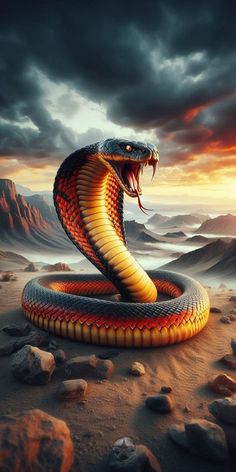 a snake with its mouth open in the desert