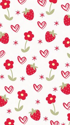 a white background with hearts, flowers and strawberries on the bottom right corner is an image of strawberrys