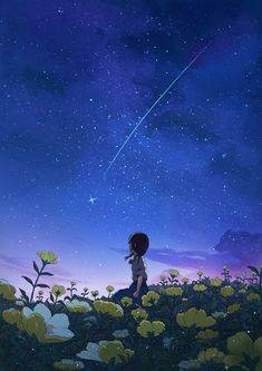 a person standing in the middle of a field under a sky filled with stars