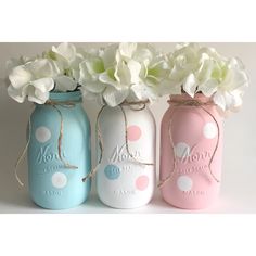 three mason jars with flowers in them are painted pink, blue, and white to match each other