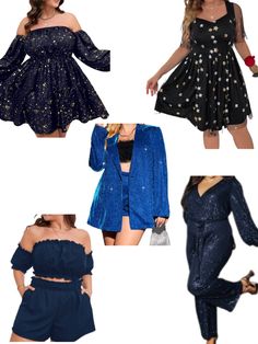 four different styles of women's clothing, one in blue and the other in black