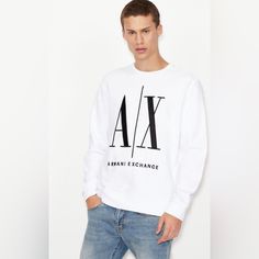 Armani Exchange Icon Logo Sweatshirt White Crew-Neck Sweatshirt In Pure Cotton Solid Color With Contrasting Embroidered Macro Logo Elasticated Collar, Cuffs And Hem Fabric: 100% Cotton Imported Machine Wash 8nym02 Yj68z Colour:1000 We Are An Authorized And Trusted Dealer Of Top Designer Brands Of Clothing, Footwear, And Accessories. We Offer A Wide Range Of Products With Fast And Reliable Delivery. Thank You For Shopping With Premiumapparel Luxury High Demand Brand Exclusive Brand Limited Brand Armani Exchange Logo, Exchange Logo, Armani Sweatshirt, Armani Exchange Men, Hoodies Men Pullover, Sweatshirt White, Logo Sweatshirt, Quarter Zip Sweatshirt, Blue Hoodie