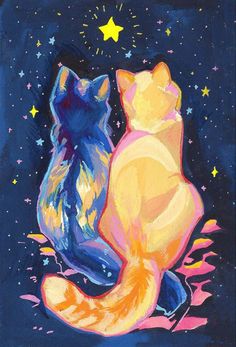 two cats sitting next to each other in front of the night sky with stars on it