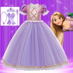 the princess dress is purple and has white laces on it, along with an image of rappui