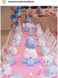 a princess themed birthday party with balloons and table settings for the tables, including an inflatable balloon centerpiece