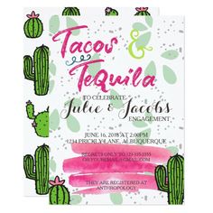 a pink and green cactus themed party card with the words taco bout as a party on it