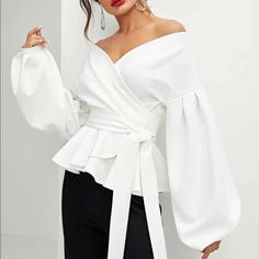 Open Front True Wrap Blouse. Color In #1 Picture 96% Polyester, 4% Elastane Ships In 5-6 Business Days” Blouse Peplum, Ankara Tops, Lantern Sleeve Top, Black Blouse Women, Lantern Sleeved Blouses, Afrikaanse Mode, Off Shoulder Shirt, Dressy Blouse, Tops Blouse