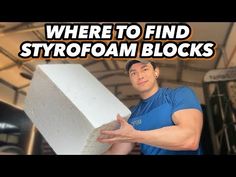 a man holding up a block of foam in front of a gym equipment area with the words where to find styrofoam blocks