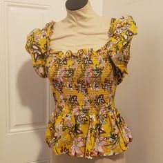 Ruffle Sleeve, Peplum Top Yellow Ruffled Blouse For The Beach, Yellow Floral Print Top For Spring, Mustard Tops For Spring Vacation, Spring Yellow Floral Print Top, Spring Vacation Mustard Top, Yellow Ruffled Top For Brunch, Yellow Floral Print Tops For Brunch, Yellow Summer Tops For Brunch, Mustard Summer Top For Brunch