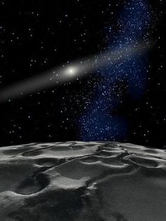 an artist's impression of a comet in the sky over a snow covered planet