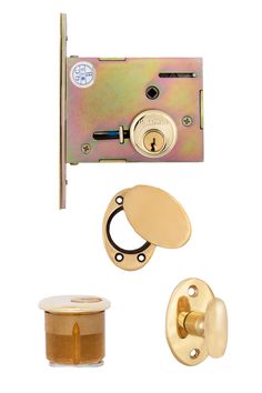 an assortment of door knobs and latches on a white background with clipping for text