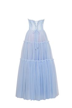 Dreamy tulle dress in light blue color with a light ruffled tulle maxi skirt. This dress has a heart-shaped boned semi-transparent bodice with built-in cups and a corset back, which makes the silhouette fitted and elegant. The A-line maxi skirt is made from multiple layers of delicate tulle that emphasize the hourglass silhouette. The waistline is adorned with a silver belt with Milla’s signature. Details: Material: Tulle Fabric composition: 100% Polyester, 100% Nylon Sleeve style: Sleeveless Si Light Blue Tulle Dress For Evening, Blue Tulle Gown With Sheer Bodice, Blue Ruffled Dress For Debutante Ball, Spring Maxi Dress With Corset Back, Ethereal Ruffled Prom Dress, Spring Tulle Dress With Corset Back, Blue Tulle Skirt Dress For Debutante Ball, Blue Tulle Dress With Boned Bodice, Blue Dress With Tulle Skirt And Fitted Bodice