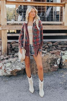 - Take a stroll through the orchard in this charming lightweight jacket! With its plaid print and vintage wash, it perfectly captures that cozy fall vibe. From your morning coffee run to an apple-picking adventure, this piece is sure to keep you on-trend. - Unlined material with a navy, ivory, and red hued plaid print and a vintage wash - Oatmeal colored waffle knit accents - Unfinished seam accents - A collared neckline with a removable hood featuring a functional drawstring that buttons on to Red Mini Dresses, Red Strappy Heels, Red Cowboy Boots, Suede Cowboy Boots, Coffee Run, Oatmeal Color, Dresses Trendy, Apple Picking, Falling Leaves