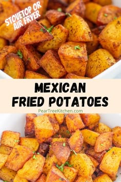 mexican fried potatoes in white bowls with text overlay