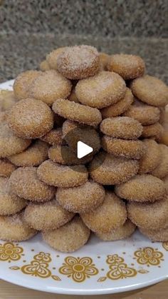 a pile of donuts sitting on top of a white plate