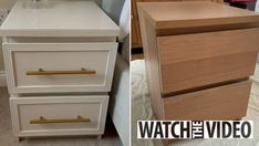 before and after photos of a white dresser with gold handles, from left to right