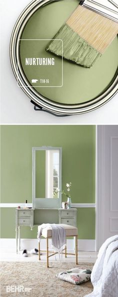 two pictures with green walls and white furniture