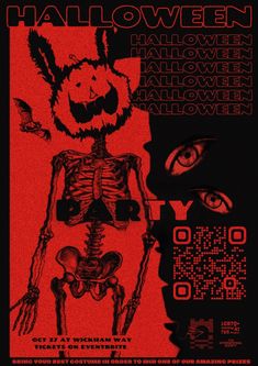 the poster for halloween is shown in red and black