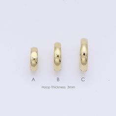 14K Solid 10mm, 11.5mm, 14mm, Gold Huggie Hinged Hoop Earring, Huggie Hoop, Gold Huggie, Gold Hoop, ♦ Please note that this earring is made to order. ♦ THIS LISTING IS FOR 1 EARRING S P E C S ♦ All of our jewelry is handmade in our studio in Seoul, Korea. ♦ 14K Yellow Gold, Rose Gold ♦ Listing is for 1 Earring ♦ Metal Finish: High Shine Polish ♦ Backing Type: Clip in Wire S I Z E S ♦ Hoop Thickness approx.3mm ♦ A - outer diameter 10mm ♦ B - outer diameter 11.5mm ♦ C - outer diameter 14mm D E S C Gold Stackable Hoop Huggie Earrings, Internally Threaded Yellow Gold Hoop Earrings, Stackable Huggie Hoop Earrings, Adjustable Stackable Hoop Earrings, Internally Threaded Small Hoop Huggie Earrings For Gift, Gift Internally Threaded Hoop Huggie Earrings, Small Hoop Internally Threaded Huggie Earrings For Gifts, Huggie Hoop Earrings As Gift, Huggie Earrings Gift