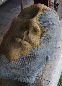 a stone head sitting on top of a bench