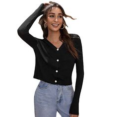 Black-Womens-V-Neck-Round-Neck-Long-Sleeve-Button-Down-Classic-Knit-Cardigan-Sweater-K343 Casual Black Buttoned Cardigan, Black Casual Cardigan With Buttons, Black Buttoned Sweater For Spring, Casual Black Cardigan With Buttons, Black Buttoned Spring Sweater, Black Long Sleeve Cardigan With Button Closure, Trendy V-neck Sweater With Buttons, Long Sleeve, Black Button-up Sweater For Fall, Trendy Black Button-up Cardigan