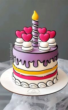 a birthday cake decorated with hearts and a candle