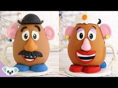 two cakes made to look like mr and mrs potato head characters, one is wearing a hat