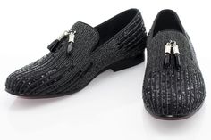 Lustrous sequin and rhinestones tastefully accent the solid black upper of this attractive dress loafer featuring a chic red sole and metal bit tassels. Dinner Jackets, Prom Suit, Wedding Tuxedo, Attractive Dresses, All White Party, Sequined Dress, Dress Loafers, Black Sequin Dress, Red Sole