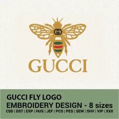 the gucci fly logo embroidery design - 8 sizes is shown in gold and green