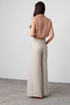 Full Length Linen Pants With Elastic Waistband, Beige Linen Full-length Bottoms, Beige Linen Full Length Bottoms, Beige Full Length Linen Bottoms, Beige Linen Wide-leg Pants, Full-length Beige Linen Pants, Chic Full Length Linen Pants, Neutral Linen Wide Leg Pants With Pockets, Neutral Wide Leg Linen Pants With Pockets