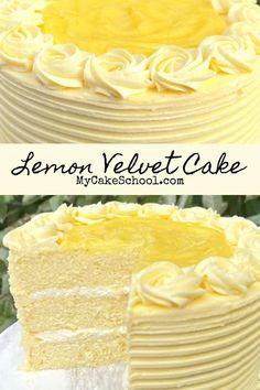 two pictures of a yellow velvet cake with white frosting on the top and bottom