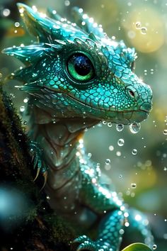 a close up of a lizard with drops of water on it's face and eyes