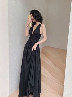 Elegant V-neck Chiffon Dress For Night Out, Elegant Black Chiffon Dress For Banquet, Elegant Black A-line Chiffon Dress, Fitted Chiffon V-neck Maxi Dress, Fitted Chiffon V-neck Party Dress, Fitted Chiffon V-neck Dress For Party, Sleeveless Black Chiffon Evening Dress, Black Sleeveless Chiffon Evening Dress, Chiffon V-neck Dress For Party