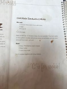 a recipe book with chocolate sandwich cookies written on it