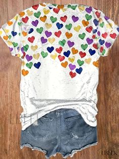 Ebeek - Womens Plus-Size Casual T-Shirt with Heart, Hand, and Slogan Print. Featuring Short Sleeves and V-Neck Design. Summer Graphic Tee With Heart Print, Casual V-neck Top With Heart Print, V-neck Top With Heart Graphic For Summer, Casual Heart Print T-shirt For Summer, Summer Heart Print T-shirt, White Heart Print T-shirt For Summer, Cute V-neck Top With Heart Print, Casual White Heart-shaped Top, Fun Multicolor V-neck Tops